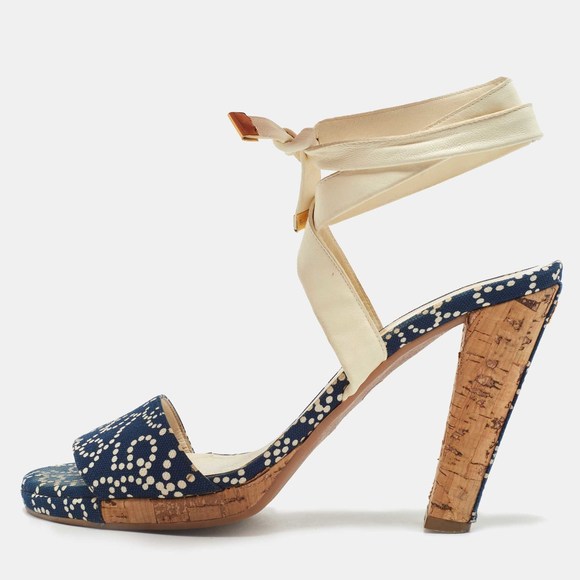 Chanel Shoes - Chanel Navy Blue/White Denim Ankle Wrap Sandals Size 40